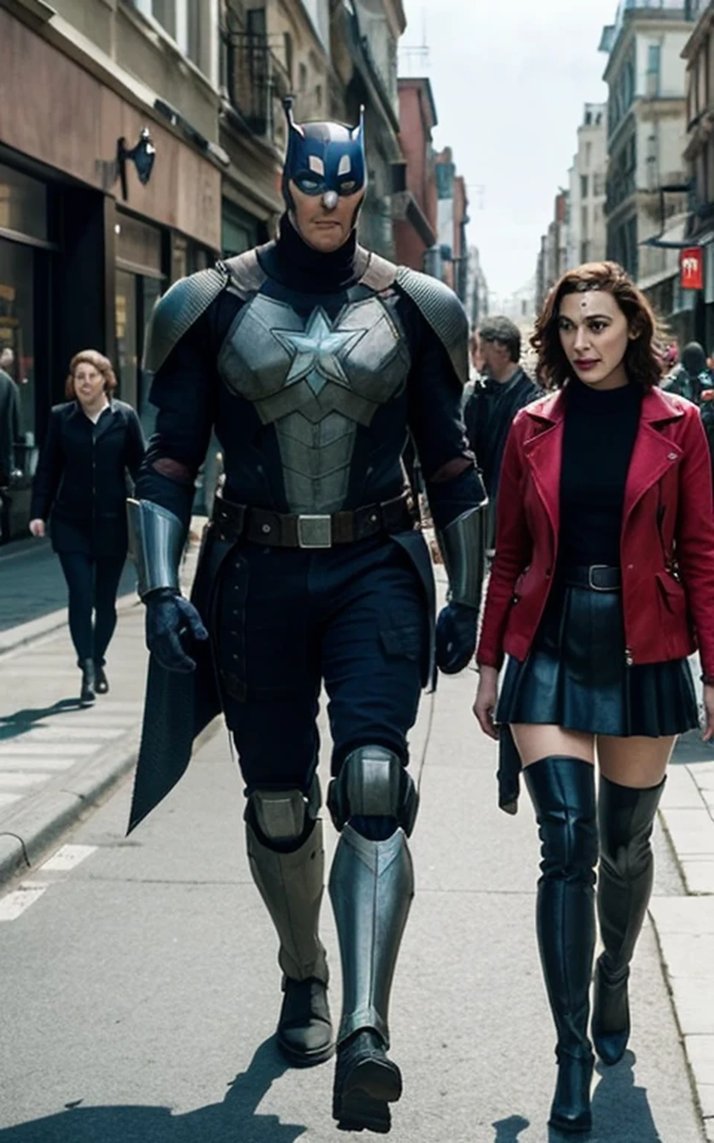 arafed robot standing in a city street with a woman walking by, by Guillermo del Toro, film still of gal gadot, symmetrical dieselpunk warrior, big titan creature in the center, by Slobodan Pejić, filmstill, victorian setting, by Agustín Fernández, rorschach, from the avengers (2012)