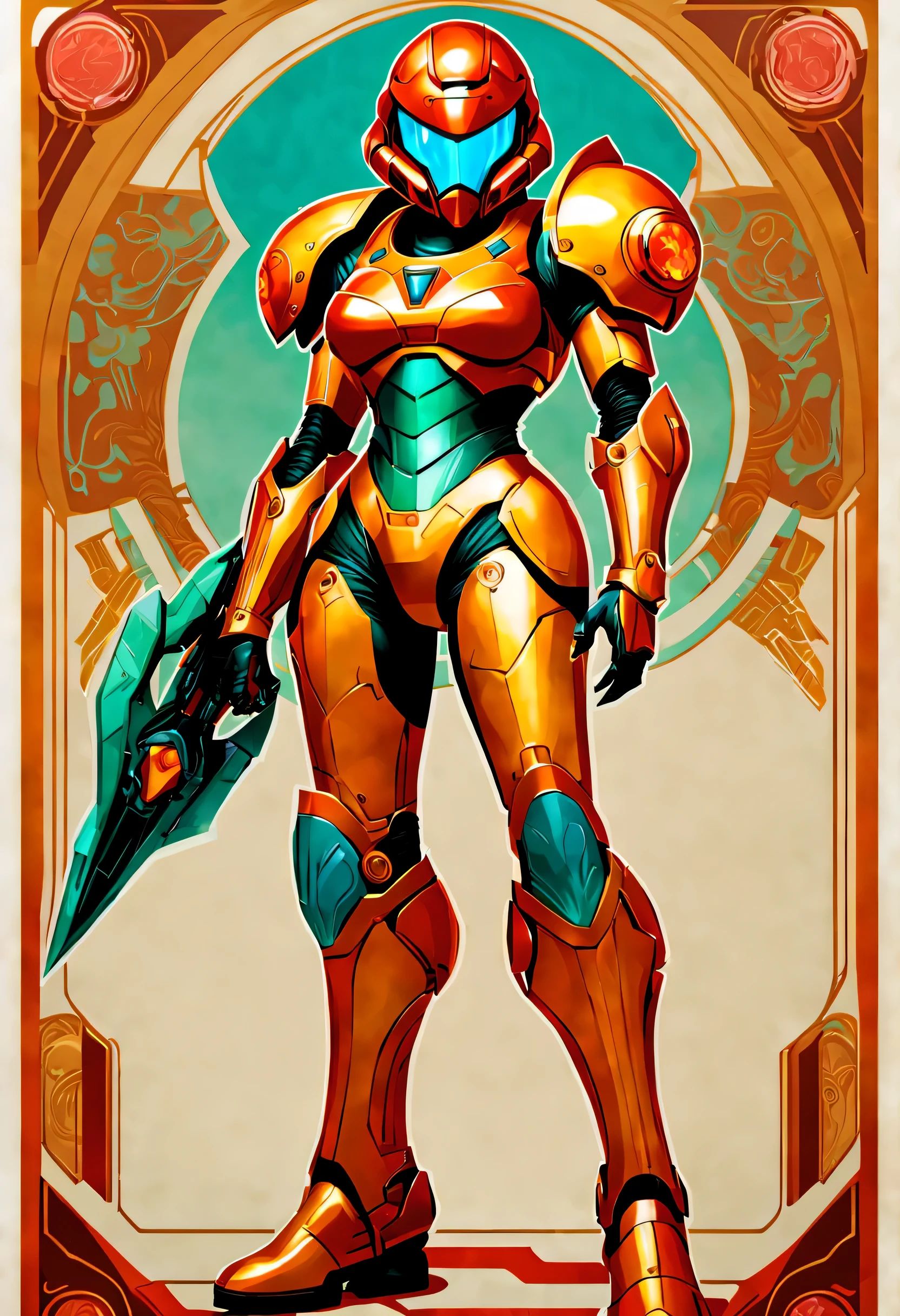 ccxl-mucha, art style,Samus in full armour , metroid theme