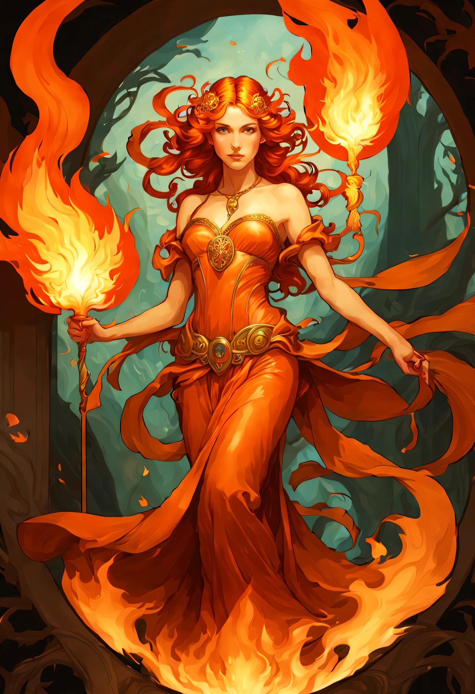 ccxl-mucha, art style, Chandra / Magic the Gathering Art /  fire Flames