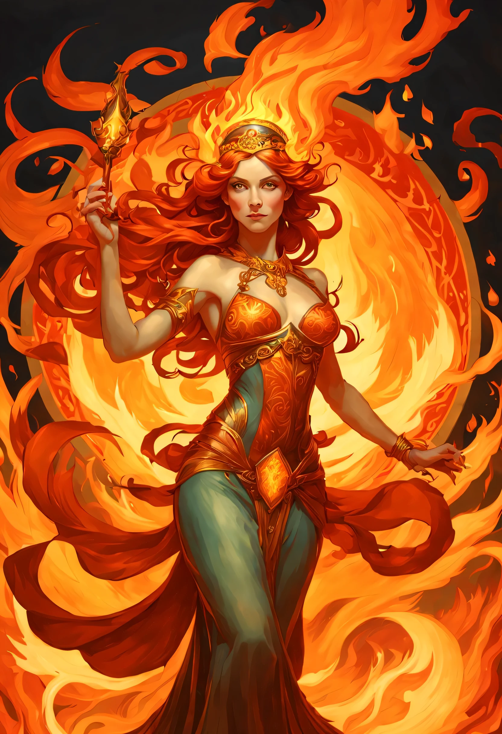 ccxl-mucha, art style, Chandra / Magic the Gathering Art /  fire Flames