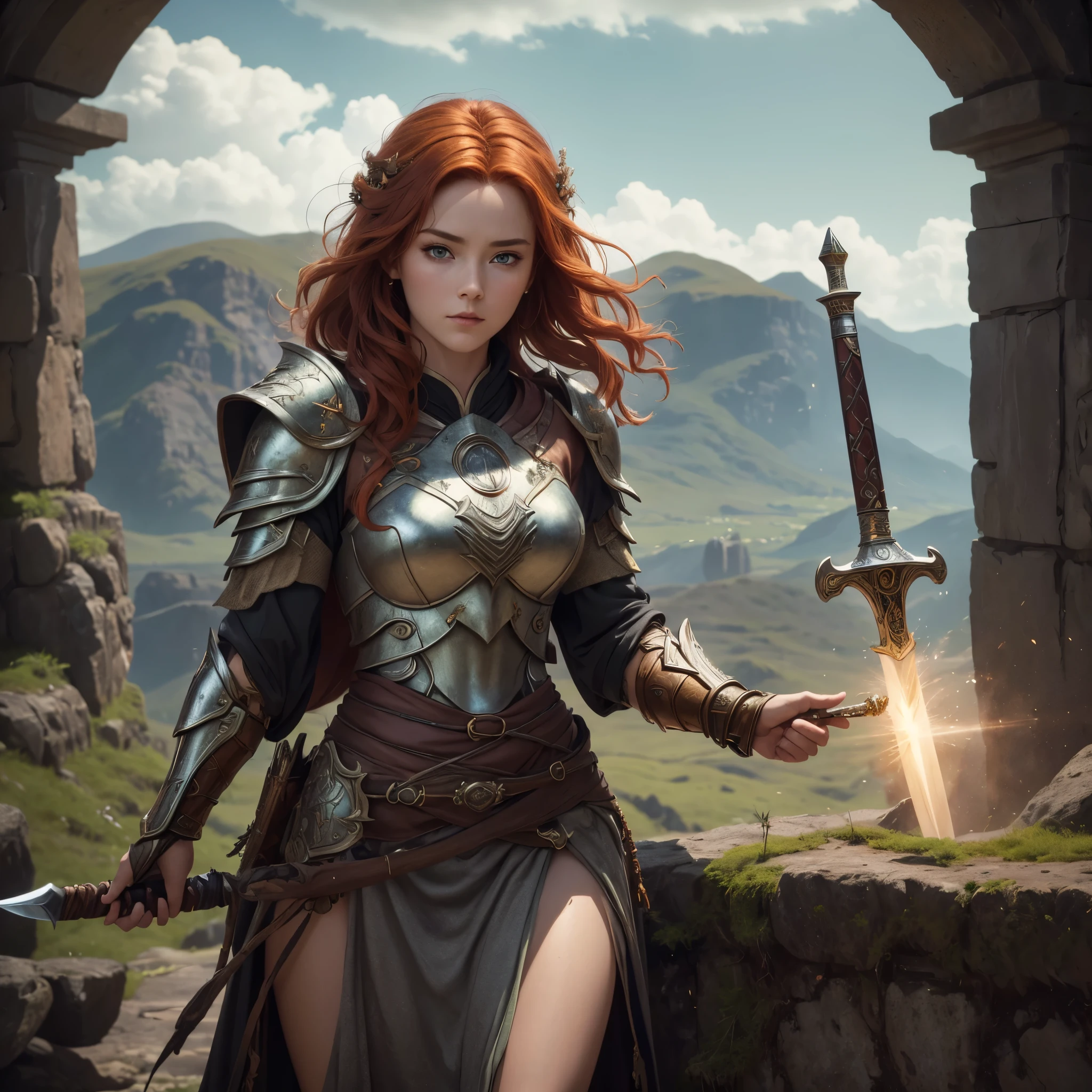 (best quality,4k,8k,highres,masterpiece:1.2),ultra-detailed, 1woman, Irish goddess Brigid, Auburn hair, Iron armor over druid robes, forging a sword, determined eyes, drawn in the style of Yoshitaka Amano, HDR, 8k, absurdres, cinestill 800, sharp focus