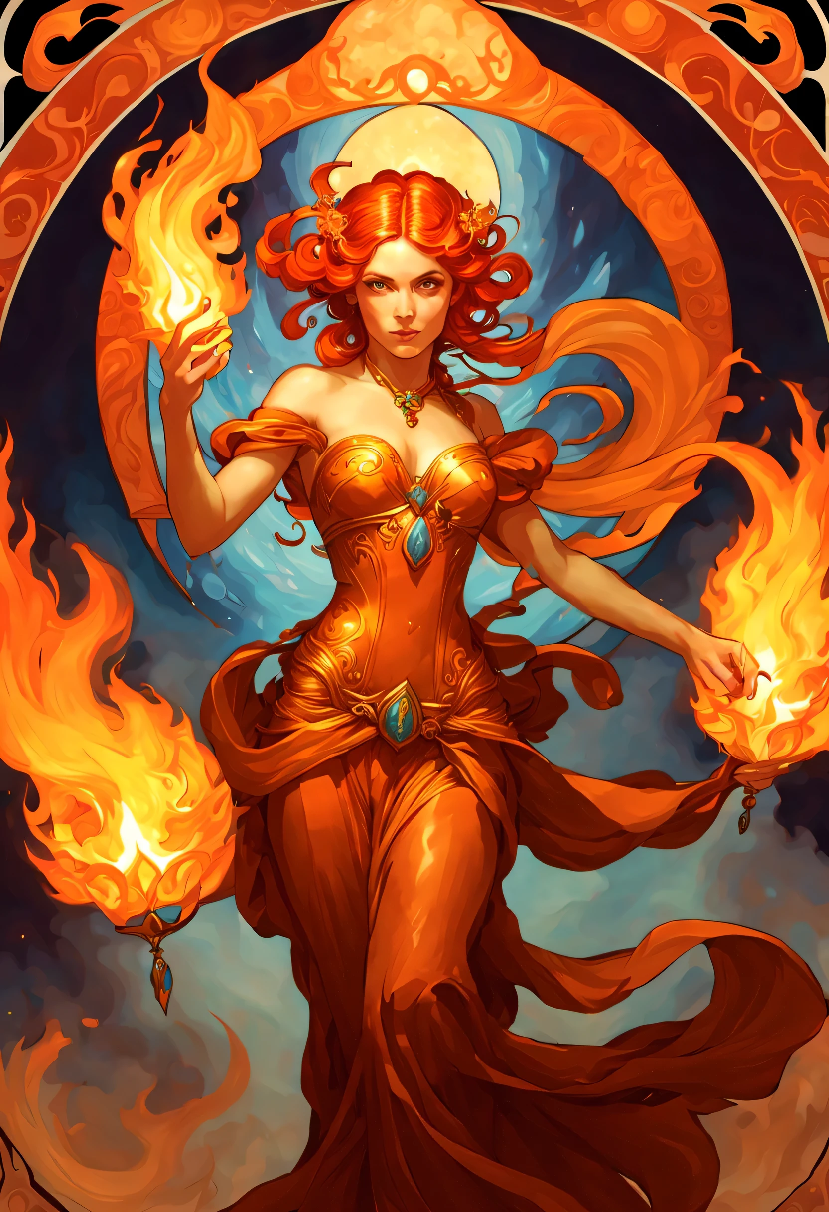 ccxl-mucha, art style, Chandra / Magic the Gathering Art /  fire Flames