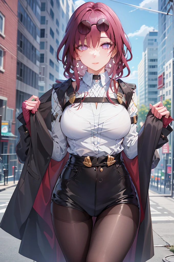masterpiece, best quality, 1girl, skinny, large breasts,  official,shirt, (undressing:1.4),    pantyhose, eyewear on head,  purple eyes, empty eyes, earrings,  street