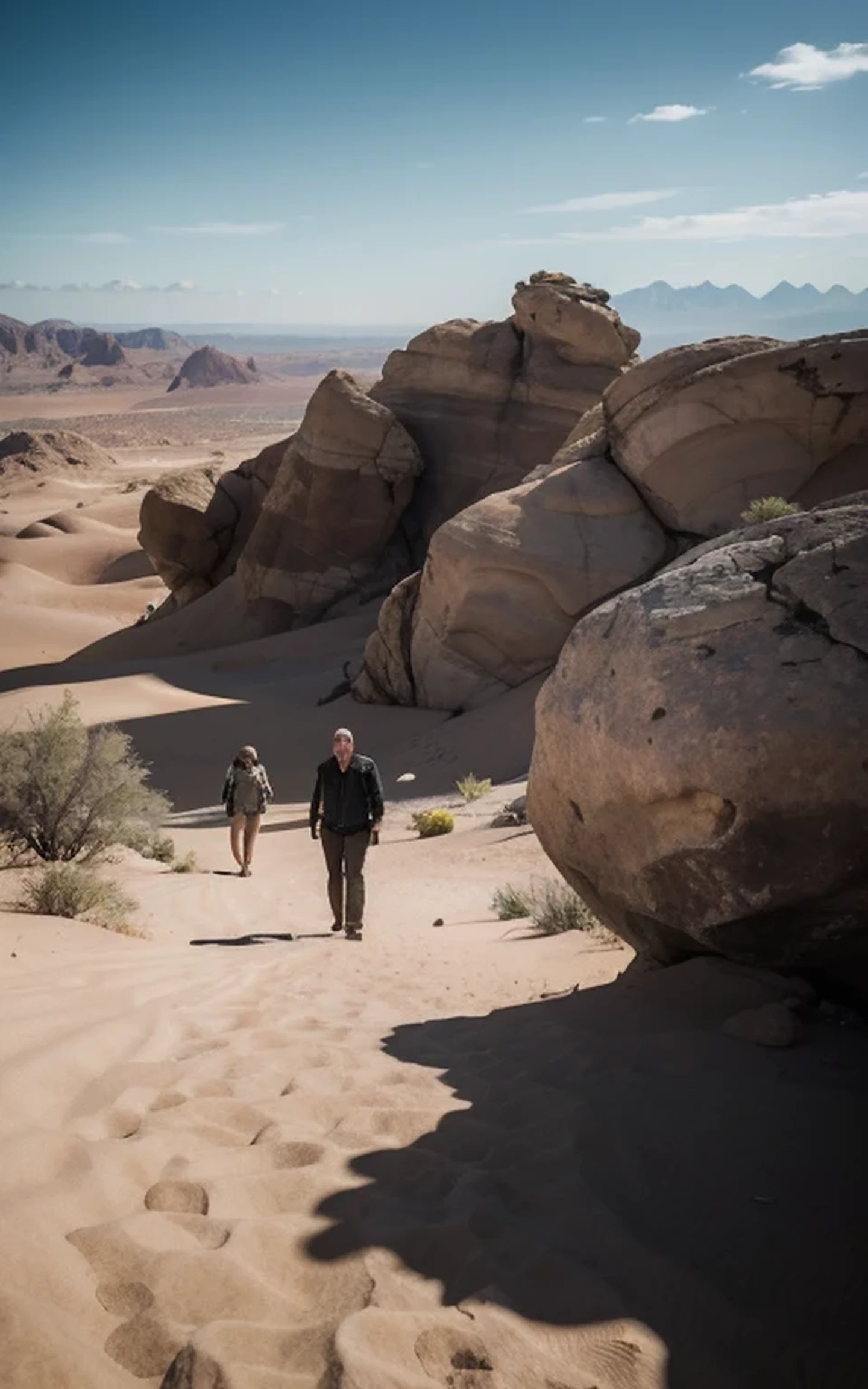 there are two people walking in the desert near a large rock, unreal engine 5 showcase, anamorphic 24 mm lens, inspired by Sanford Robinson Gifford, gameplay screenshot, still from a music video, sylvain sarrailh and igor morski, interior gameplay screenshot, 2019, television screenshot