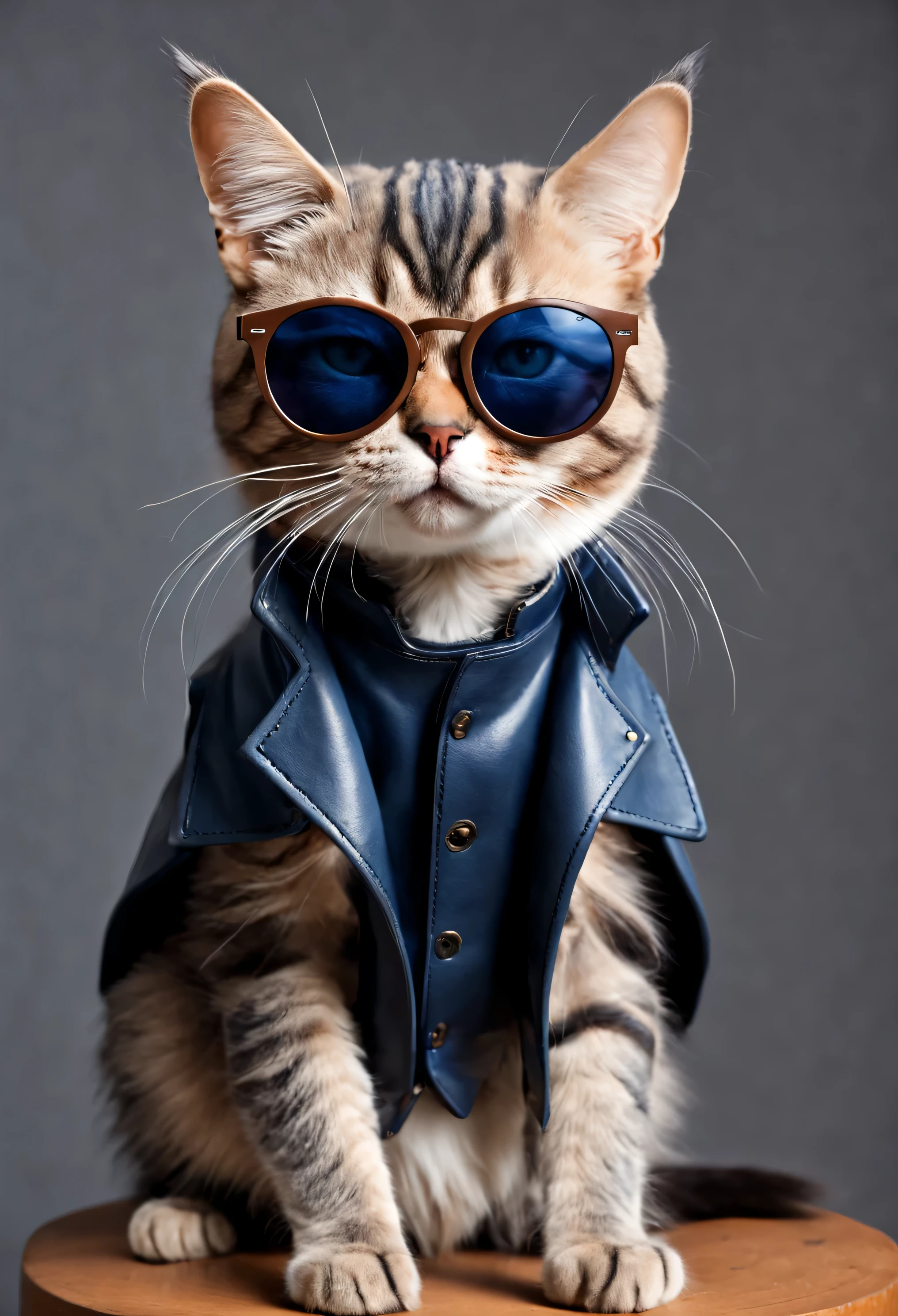 um gato realista com cabelos longos amarrados como um rabo de cavalo com uma mecha de cabelo caindo no rosto, He is wearing round sunglasses and a tight-fitting dark blue leather outfit with, o gato e a cor cinza pintados em um casaco marrom, there is only the cat in the photo, the cat&#39;s fur is gray,