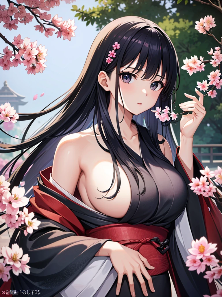 masterpiece、high-level image quality、photographrealistic、a beauty girl、silber hair、Black eyes、Glossy red kimono、Japanese garden、Shiny hair、Longhaire、huge tit、Upper body shots、The wind is blowing naked tits hanging out