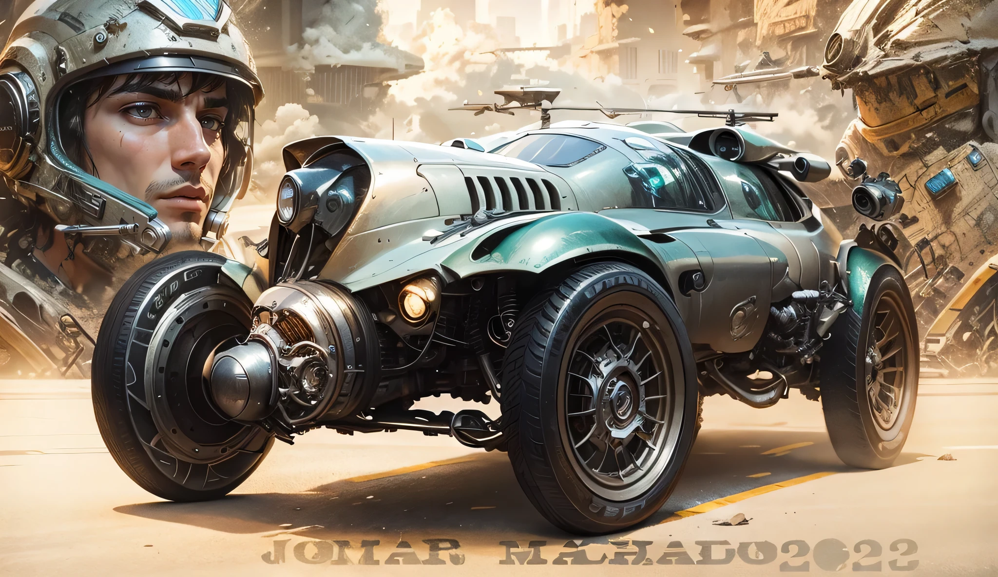 Um carro de corridas possante Cyberpunk em primeiro plano, in the back there is a cyberpunk pilot in a cyberpunk outfit and on the other side there is a male cyberpunk pilot, ao fundo uma cidade animada e agitada Cyberpunk