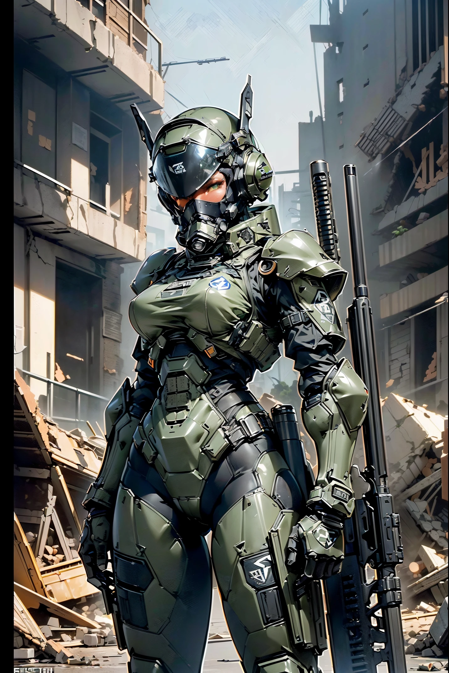 (masterpiece,best quality,ultra-detailed,8k,extremely detailed, a heavy mech, hard surface),(concept art:1.3),(Armored Core Style:0.8),A woman wearing the robot armor of the SWAT team is standing,(Black body:1.5),(The armor has the SWAT logo on it.:1.4),(tactical open face helmet:1.3),(long legged:1.2),(Equipped with rifle and shield:1.3),(straight body),(A detailed eye:1.2),(A detailed face:1.2),(Detailed weapons:1.1),(Detailed body:1.1),(full bodyesbian:1.5),(The background is a collapsed city:1.5),逼真