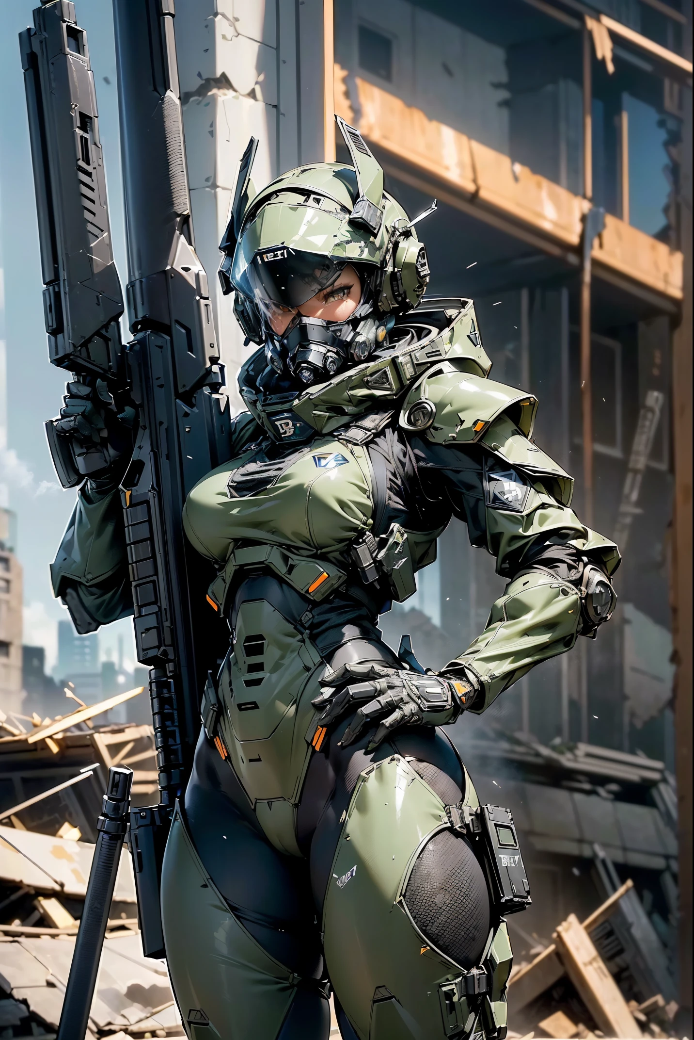 (masterpiece,best quality,ultra-detailed,8k,extremely detailed, a heavy mech, hard surface),(concept art:1.3),(Armored Core Style:0.8),A woman wearing the robot armor of the SWAT team is standing,(Black body:1.5),(The armor has the SWAT logo on it.:1.4),(tactical open face helmet:1.3),(long legged:1.2),(Equipped with rifle and shield:1.3),(straight body),(A detailed eye:1.2),(A detailed face:1.2),(Detailed weapons:1.1),(Detailed body:1.1),(full bodyesbian:1.5),(The background is a collapsed city:1.5),逼真