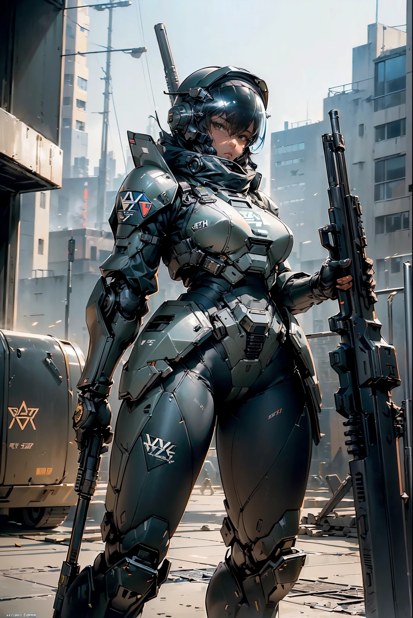 (super fine, extremely detailed, a heavy mech, hard surface),(concept art:1.1),(Armored Core Style:0.8),A woman wearing the robot armor of the SWAT team is standing(Black body:1.4),(The armor has the SWAT logo on it.:1.4),(open face helmet:1.3),(long legged:1.1),(Equipped with rifle and shield:1.1),(straight body),(A detailed eye:1.1),(A detailed face:1.1),(Detailed weapons:1.1),(Detailed body:1.1),(full bodyesbian:1.4),(The background is a city area during battle.:1.5),逼真