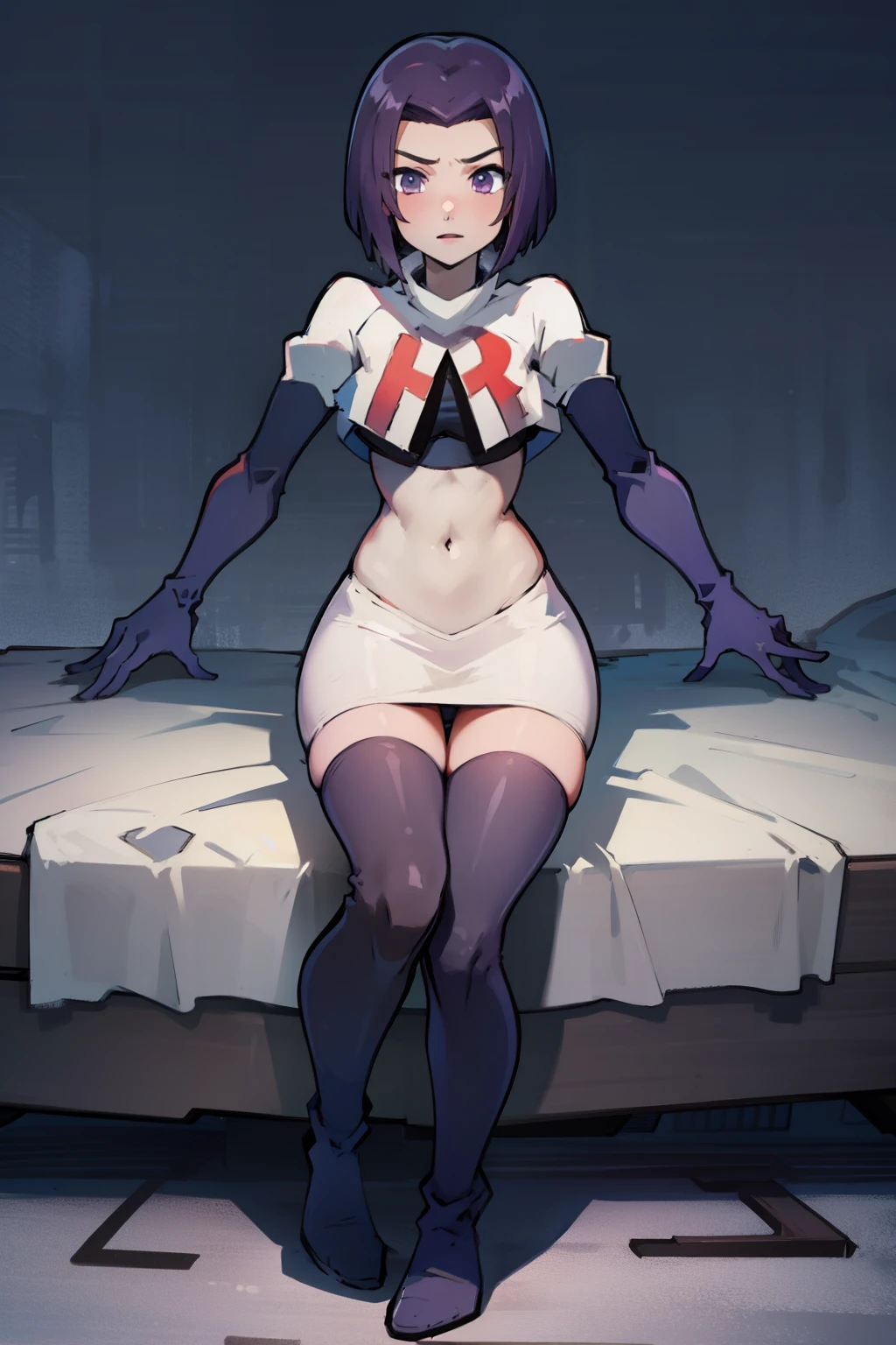 (masterpiece, best quality, ultra-detailed), RavenTT, short hair, purple eyes, (grey skin),team rocket,team rocket uniform, red letter R, white skirt,white crop top,black thigh-highs,black elbow gloves