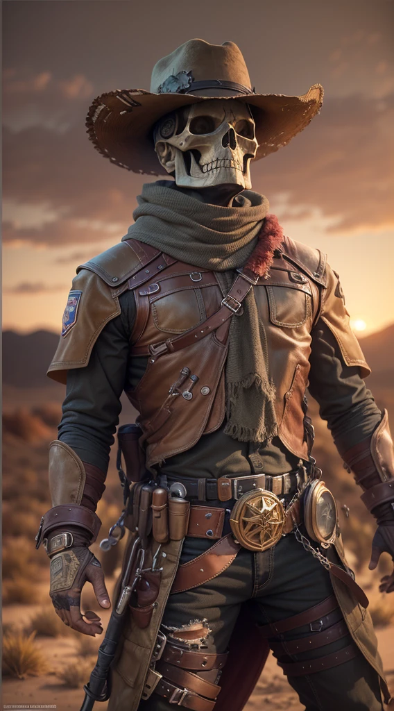 A skull-faced robot cowboy sheriff,3D-rendered art,(best quality,4k,8k,highres,masterpiece:1.2),ultra-detailed,(realistic,photorealistic,photo-realistic:1.37),dark and gritty,sci-fi western,hazy sunset lighting,aged brass and worn leather,wispy dust clouds,faded desert landscape,vivid colors,steely determination