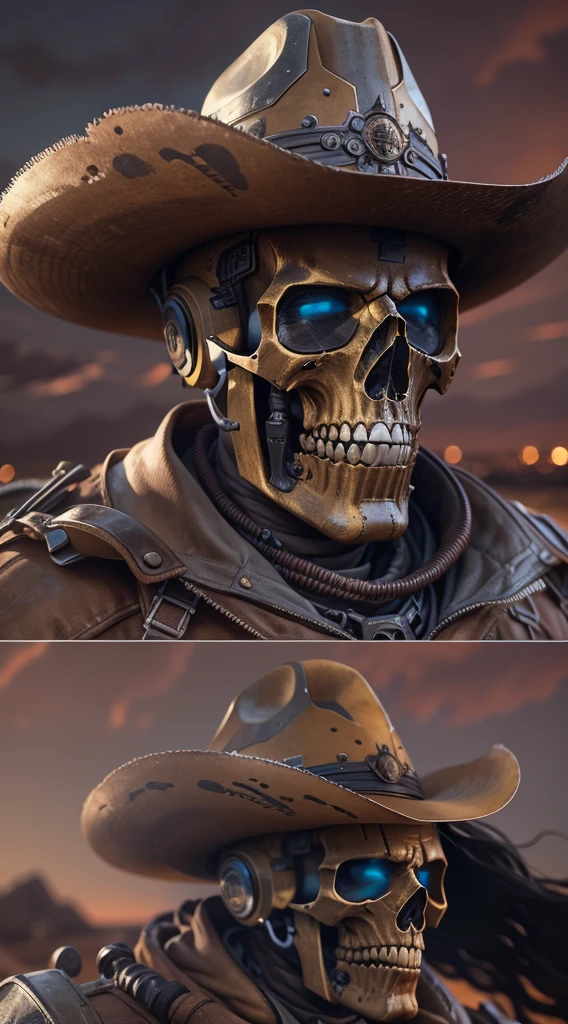 A skull-faced robot cowboy sheriff,3D-rendered art,(best quality,4k,8k,highres,masterpiece:1.2),ultra-detailed,(realistic,photorealistic,photo-realistic:1.37),dark and gritty,sci-fi western,hazy sunset lighting,aged brass and worn leather,wispy dust clouds,faded desert landscape,vivid colors,steely determination