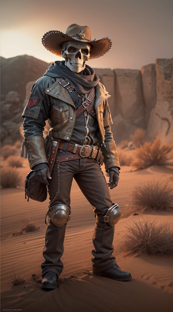 A skull-faced robot cowboy sheriff,3D-rendered art,(best quality,4k,8k,highres,masterpiece:1.2),ultra-detailed,(realistic,photorealistic,photo-realistic:1.37),dark and gritty,sci-fi western,hazy sunset lighting,aged brass and worn leather,wispy dust clouds,faded desert landscape,vivid colors,steely determination