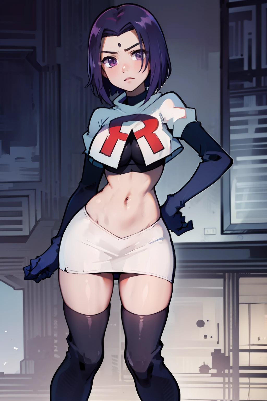 (masterpiece, best quality, ultra-detailed), RavenTT, short hair, purple eyes, (grey skin),team rocket,team rocket uniform, red letter R, white skirt,white crop top,black thigh-highs,black elbow gloves