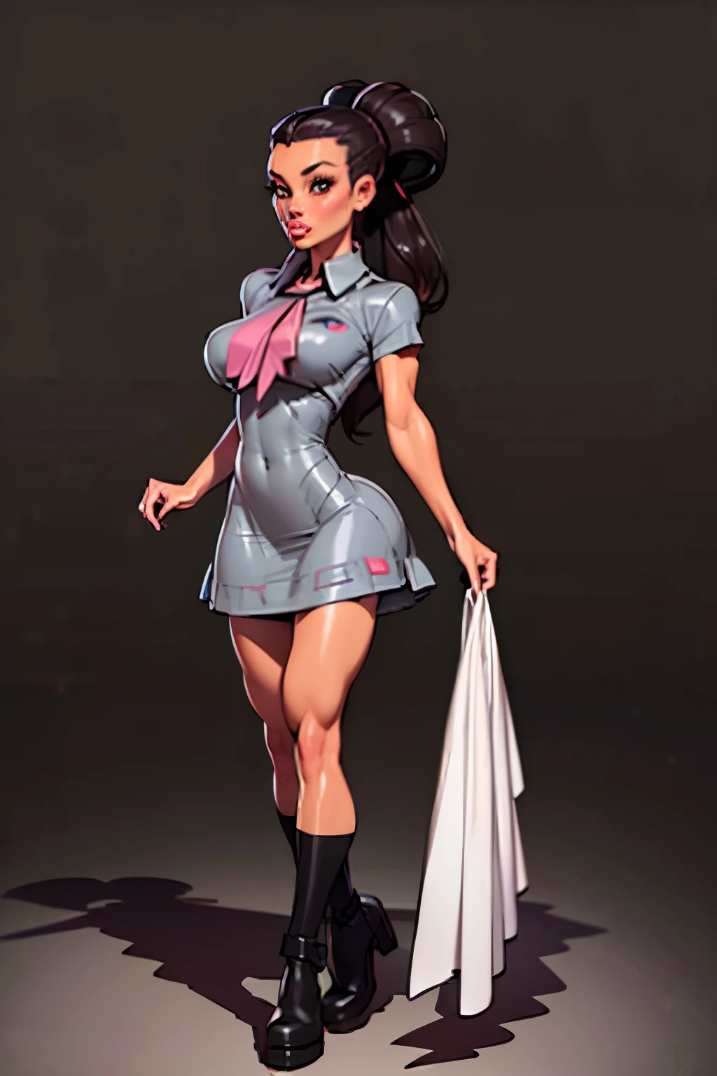 Masterpiece, Generate an illustration of a mature Roxanne, gym leader of pokemon , (lightgray dress), hd, holding a pokeball  all,  de terno preto, pink ascot,(( long black hair)), twin ponytail, ((detailed face)),shiny hair, (perky breasts:1.2), collared shirt under dress, outfit in anime format with a serious style, boots, make up, masterpiece, dark lighting, black background, ((puffy lips)),(slendered abs), beautiful face,