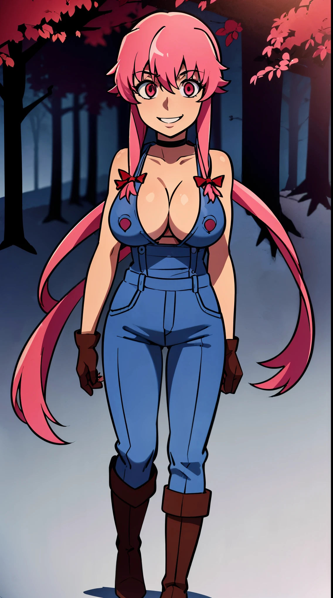 anime_still, masterpiece, best quality, 1girl, Gasai Yuno, long hair, pink hair, low twintails, smile, naked, red eyes, (large breasts:1.5),1girl, black choker, dark grey, overalls, leather gloves, black boots, ((nigth:1.5)), (chasing you through the woods BY yuno gasai), moonlight, blood on floor, horror scane, (evil smile:1.4), (evil eyes:1.6), (horror_movies:1.5), (woods:1.6),(dark:1.7), (out_boors)