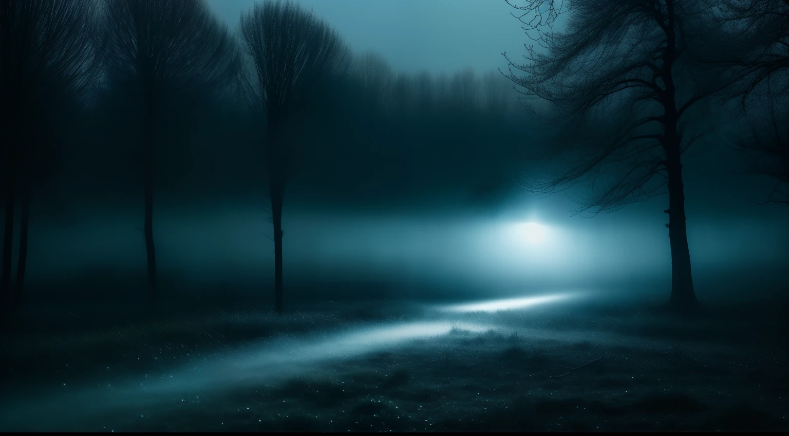 New Year's Theme, Blue filter in the photo, death, mist, blurry, dark ambient, EMPTY FIELD, creepy flickering environment, Blurred camera photo, Frightening empty liminal spaces, light above, (Lowkey, flashlight, Blue, night time:1.4),