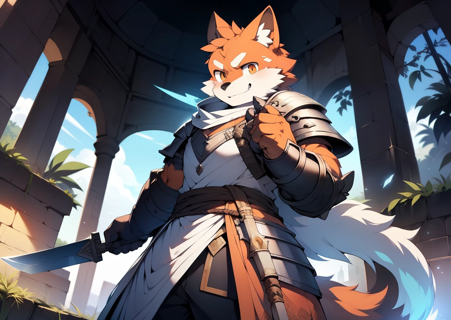 Libido boy,Medium build,Wearing cloth armor,Pale orange fur,Canine orcs,confident smile,Determined gaze,He holds a sword in his left hand,Release magic with your right hand