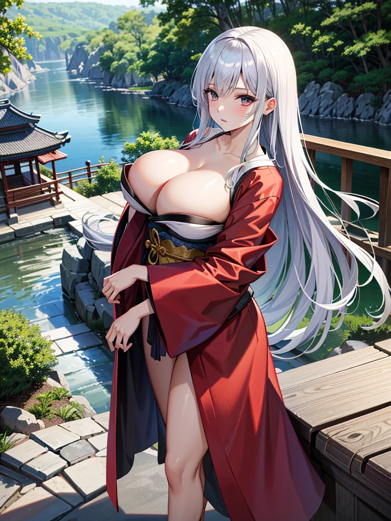 masterpiece、high-level image quality、photographrealistic、a beauty girl、silber hair、Black eyes、Glossy red kimono、Japanese garden、Shiny hair、Longhaire、huge tit、Upper body shots、The wind is blowing naked tits out