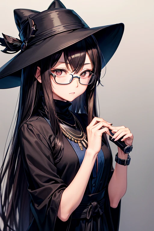 30 years old Japanese lady, wearing a black unwoven mask and blue glasses, brown dyed long slender straight hair, wearing a black small size boater hat and black dress, dark brown eyes, silver necklace, a little big eyes, a wristwatch on her right hand list, slender body,