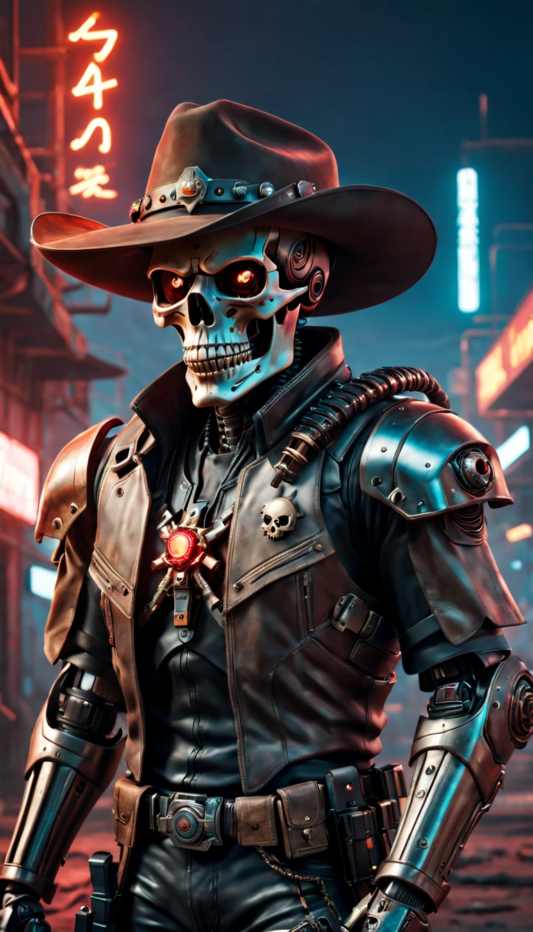 (best quality,4k,8k,highres,masterpiece:1.2),ultra-detailed,(realistic,photorealistic,photo-realistic:1.37),cyberpunk 2077,skull,robot cowboy sheriff,mysterious dark background,neon lighting,cybernetic enhancements,futuristic weapons,worn-out cowboy hat,bionic arm,metallic jaw,red glowing eyes,dystopian city,earthy tone colors,mechanical horse,desert landscape,post-apocalyptic setting,sharp focus,steel-like texture,vivid colors,concept art style.