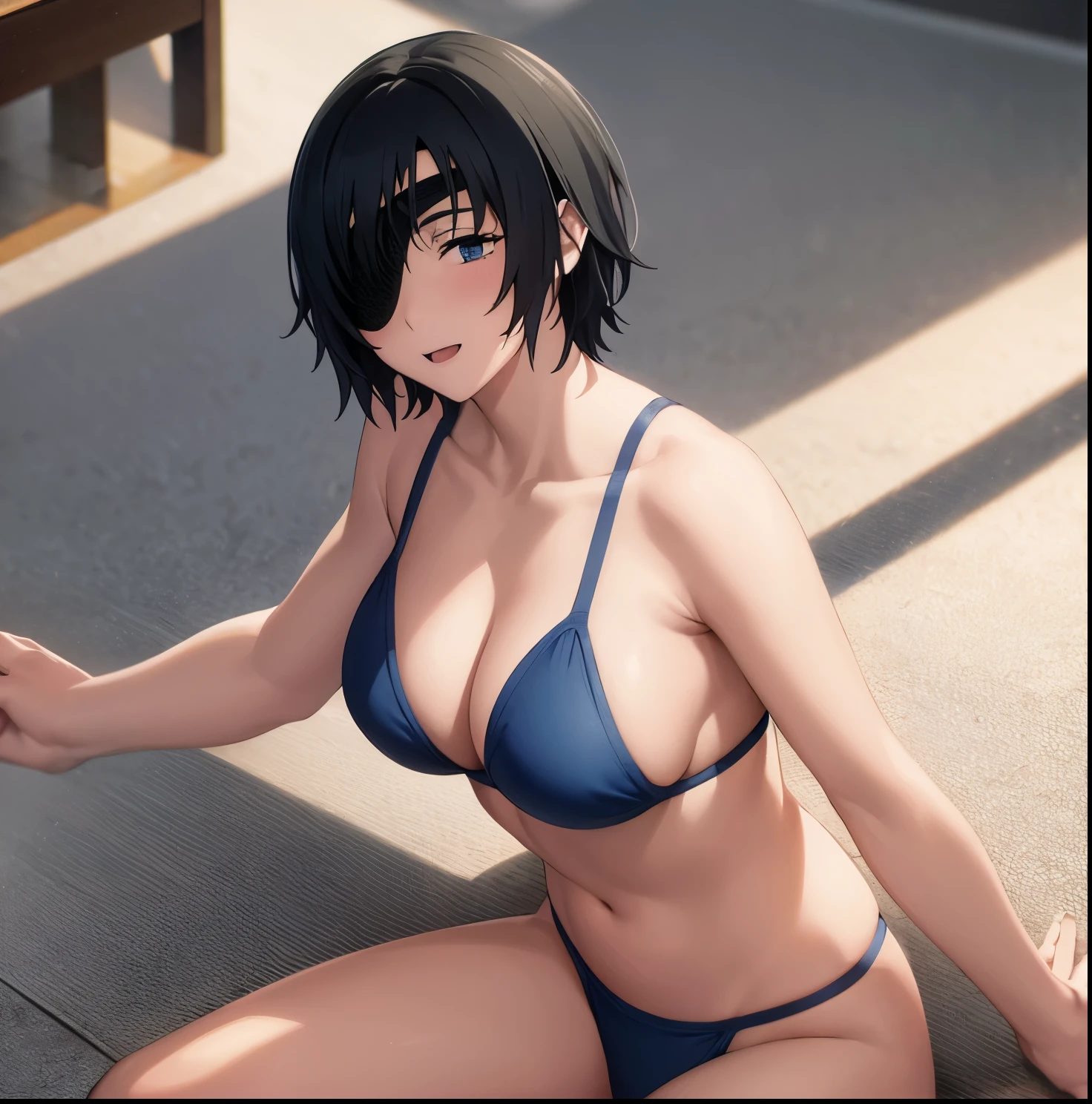 sleeping,1 girl, black eye patch, right eye covering, short hair, blue eyes, short black, black eye patch, 1 girl, Himeno (chainsaw man), masterpiece, best quality, high resolution, ,eye patch, chest, , outdoors, background sea, HMN1, (Micro bikini:1.4), on all fours