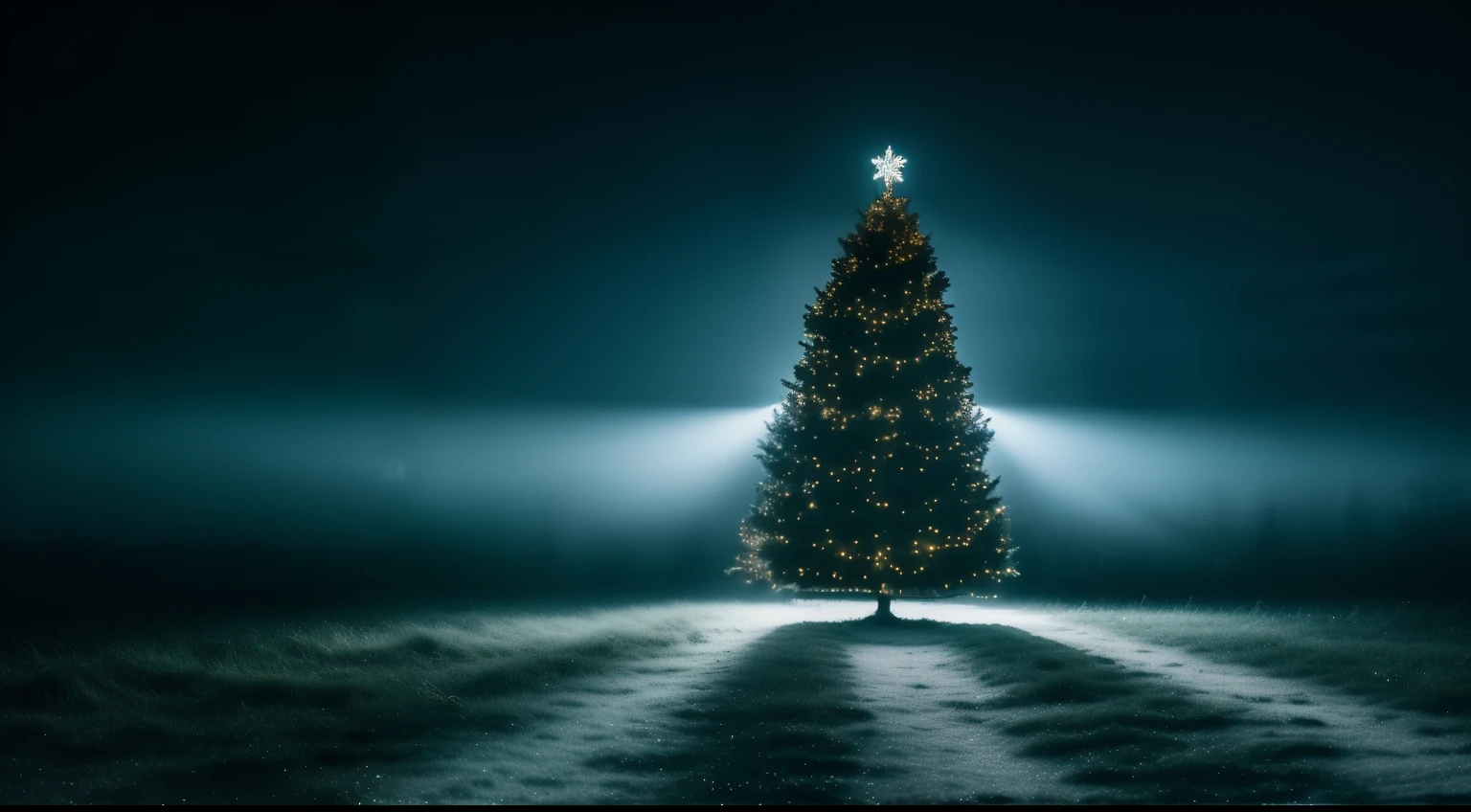 New Year's Theme, Christmas tree, Blue filter in the photo, death, mist, blurry, dark ambient, EMPTY FIELD, creepy flickering environment, Blurred camera photo, Frightening empty liminal spaces, light above, (Lowkey, flashlight, Blue, night time:1.4),