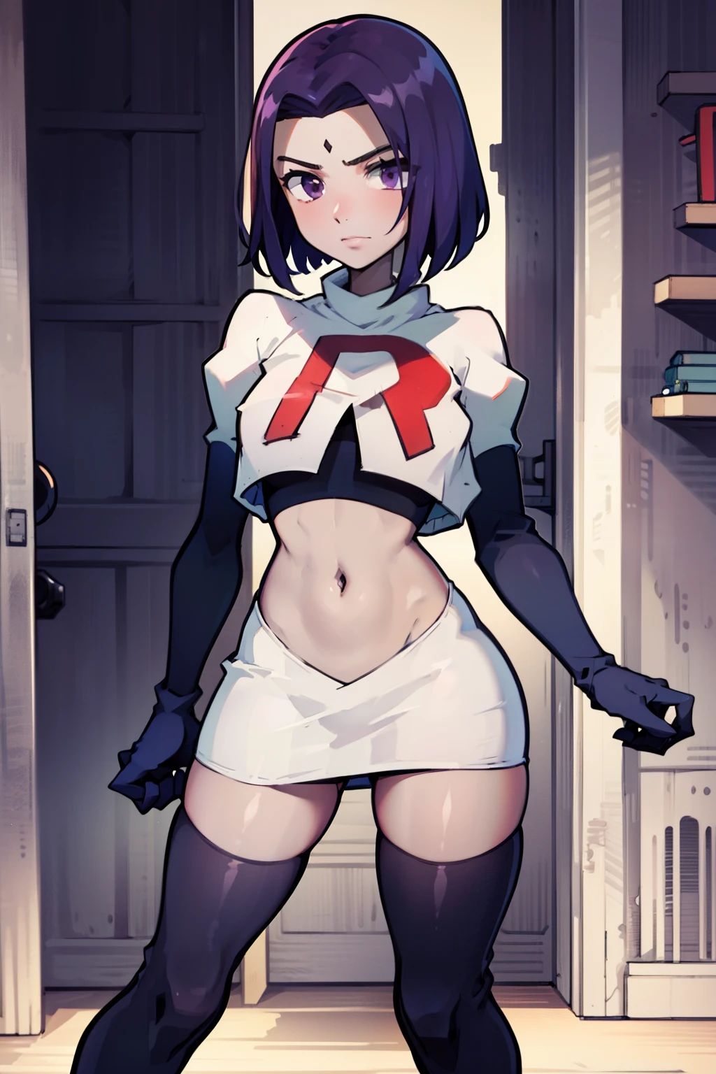 (masterpiece, best quality, ultra-detailed), RavenTT, short hair, purple eyes, (grey skin),team rocket,team rocket uniform, red letter R, white skirt,white crop top,black thigh-highs,black elbow gloves