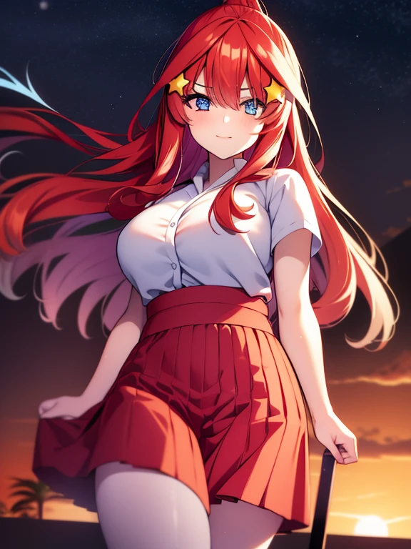 Satsuki Nakano, Itsuki Nakano, Bangs, Blue eyes, hair between eye, Ahoge, Red hair, Star \(symbol\), Hair Ornament, Star Hair Ornament,Her hair is tied back with a flower hairpin.，Red kimono，Furisode，long  skirt，Sandals，shrines，Sunrise， Smiling , blush
break (masutepiece:1.2), Best Quality, High resolution, Unity 8k壁纸, (Illustration:0.8), (Beautiful detailed eyes:1.6), extra detailed face, Perfect Lighting, extremely details CG, (Perfect hands, Perfect Anatomy),