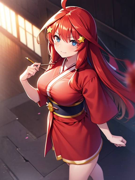 Satsuki Nakano, Itsuki Nakano, Bangs, Blue eyes, hair between eye, Ahoge, Red hair, Star \(symbol\), Hair Ornament, Star Hair Ornament,Her hair is tied back with a flower hairpin.，Red kimono，Furisode，long  skirt，Sandals，shrines，Sunrise， Smiling , blush
break (masutepiece:1.2), Best Quality, High resolution, Unity 8k壁纸, (Illustration:0.8), (Beautiful detailed eyes:1.6), extra detailed face, Perfect Lighting, extremely details CG, (Perfect hands, Perfect Anatomy),