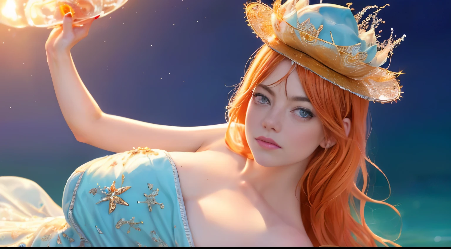 1 girl "Emma Stone com vestido vinholongo", （Jogo King Card:1.5, simetria rotacional),Stephen Gammell,(cowboy shot), Minimalist compositions, requintada armadura de cristal，Fio Eletroluminescente, faiscas magicas, enchanted magical fantasy. Peach Blossom Land, heaven, Jogo CG, Hand Painted Style, 8k, Ultra HD, arte digital conceitual, Azure azul e cinza,(Very detailed, Reasonable design, linhas claras, alta nitidez, melhor qualidade, master part, 4k ).