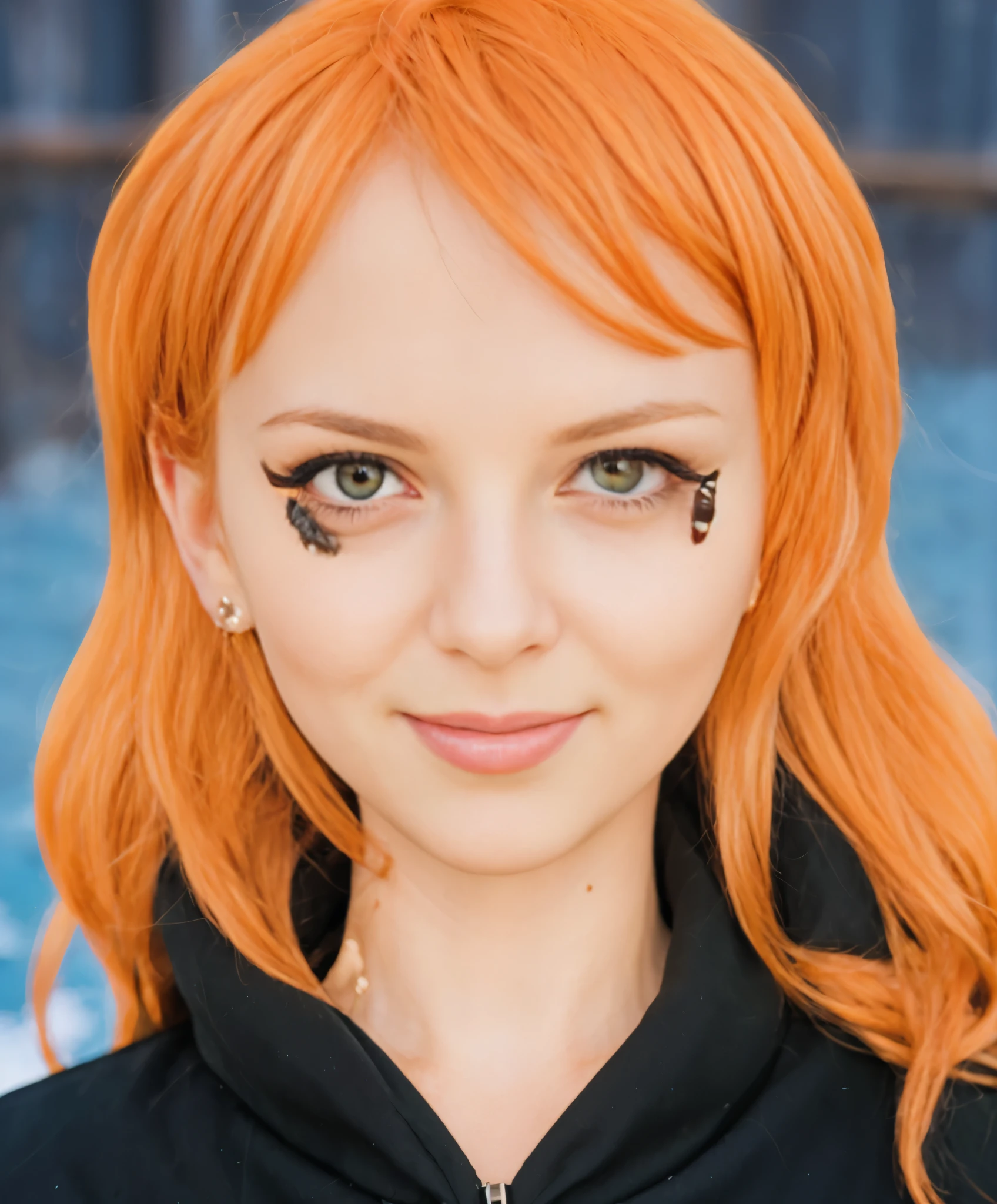 (masterpiece), (realistic), (ultra detailed), ( high res), (best quality), (photorealistic), female, woman, winter scene, beautiful portrait of nami, nami one piece, nami from one piece, long hair, orange hair, front hair with bangs to the left, wide hair, wearing earrings, wearing a long black jacket, background on the edge of a snowy ravine with a wooden fence, close up, snowy weather, the character is on the edge of a snowy ravine with a wooden fence on behind him, detailed face, detailed hair, detailed body, detailed eyes, detailed mouth, detailed nose, detailed charcter, perfect face, detailed jacket, detailed snow