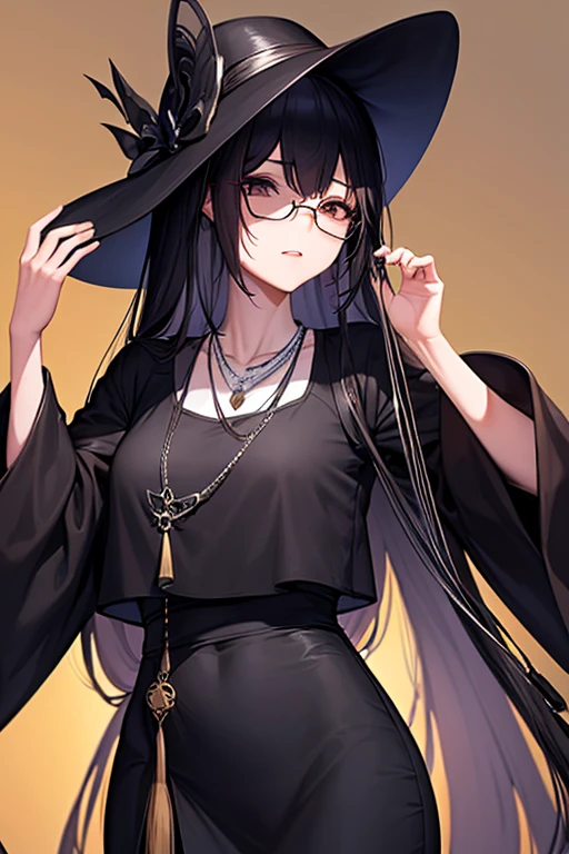 30 years old Japanese lady, wearing a black unwoven mask and blue glasses, brown dyed long slender straight hair, wearing a black small size boater hat and black dress, dark brown eyes, silver necklace, a little big eyes, a wristwatch on her right hand list, slender body,