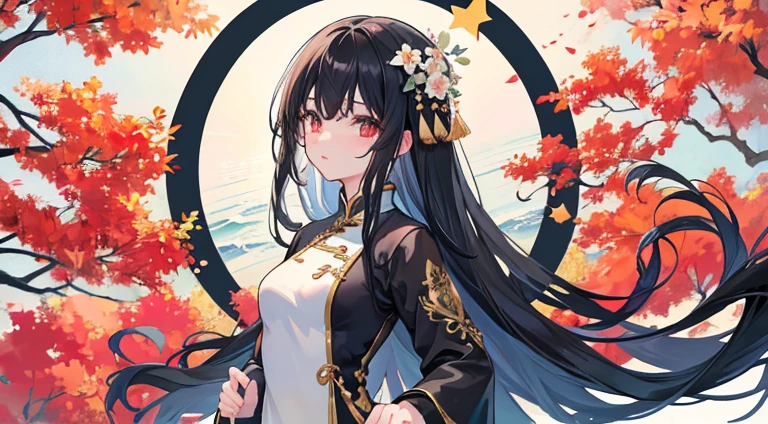 black hair girl、(Ao Dai:1.4)、Ao Daiを着た女の子、animesque、absurderes、Being at the seaside