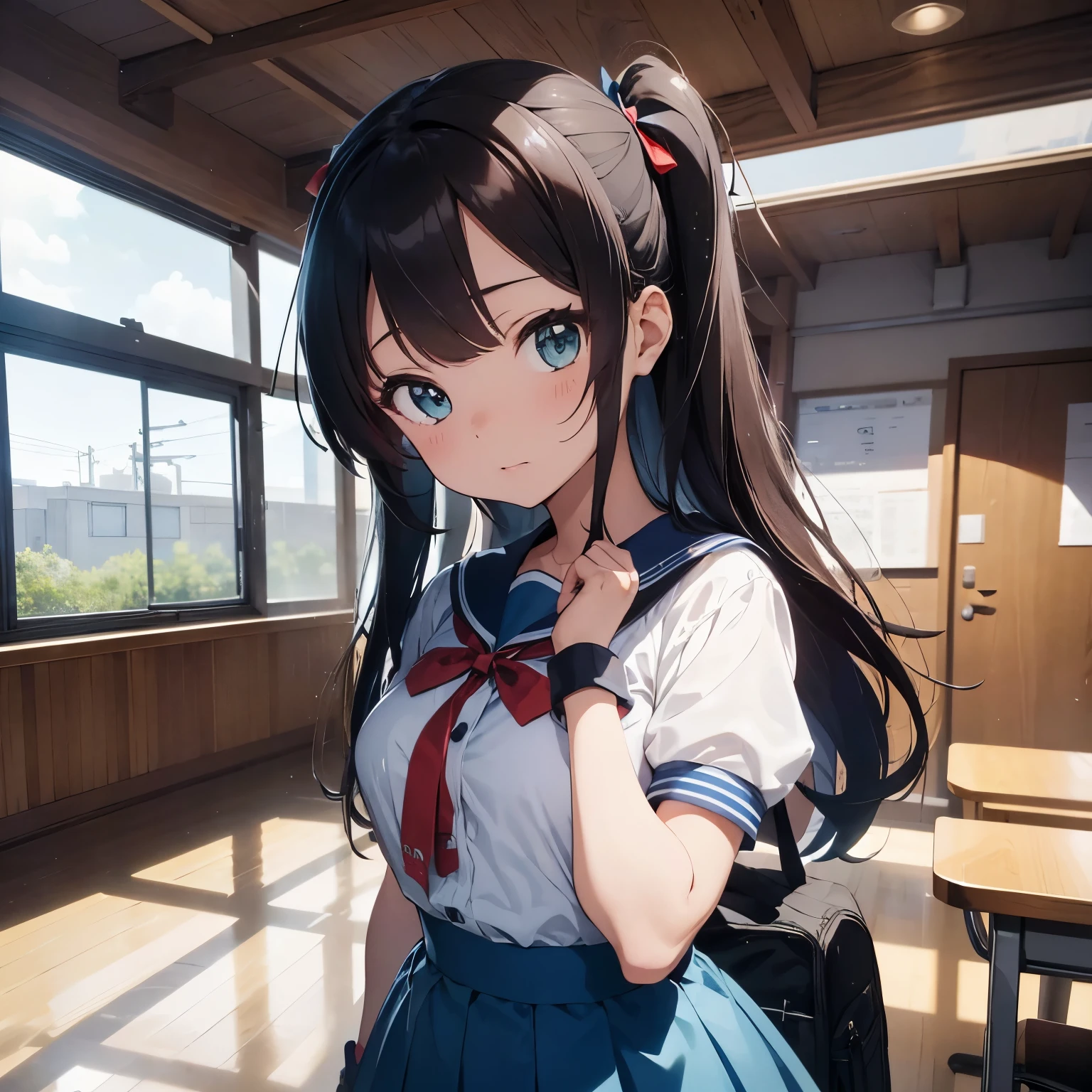 A cute 15 years old japaneese girl, drawn in anime style, futuristic, Y2K aesthetic, sci-fi, jade green eyes, long brown hair, ribbon headband, small breast, white and blue futuristic sailor lolita dress with puffy sleeves, red ribbon, navy blue pantyhose, school shoes, school bag, school crest, standing in high tech futuristic classroom, highly detailed, 4K.