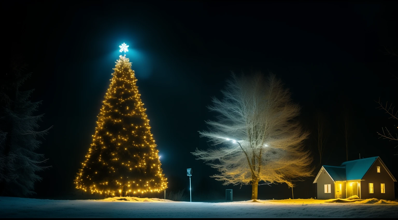 New Year's Theme, Christmas tree, the house is dark, yellow light from a house window, Blue filter in the photo, death, mist, blurry, dark ambient, EMPTY FIELD, creepy flickering environment, Blurred camera photo, Frightening empty liminal spaces, light above, (Lowkey, flashlight, Blue, night time:1.4),