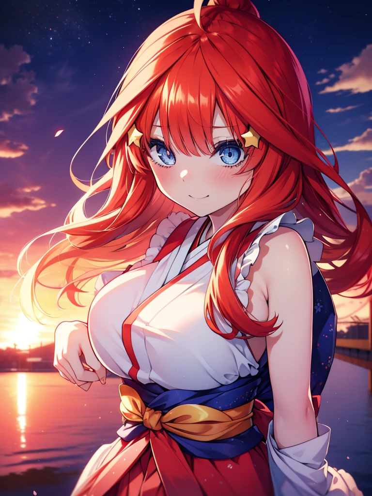 Satsuki Nakano, Itsuki Nakano, Bangs, Blue eyes, hair between eye, Ahoge, Red hair, Star \(symbol\), Hair Ornament, Star Hair Ornament,Her hair is tied back with a flower hairpin.,Red kimono,Furisode,long skirt,Sandals,shrines,Sunrise, Smiling , blush
break (masutepiece:1.2), Best Quality, High resolution, Unity 8k壁纸, (Illustration:0.8), (Beautiful detailed eyes:1.6), extra detailed face, Perfect Lighting, extremely details CG, (Perfect hands, Perfect Anatomy),