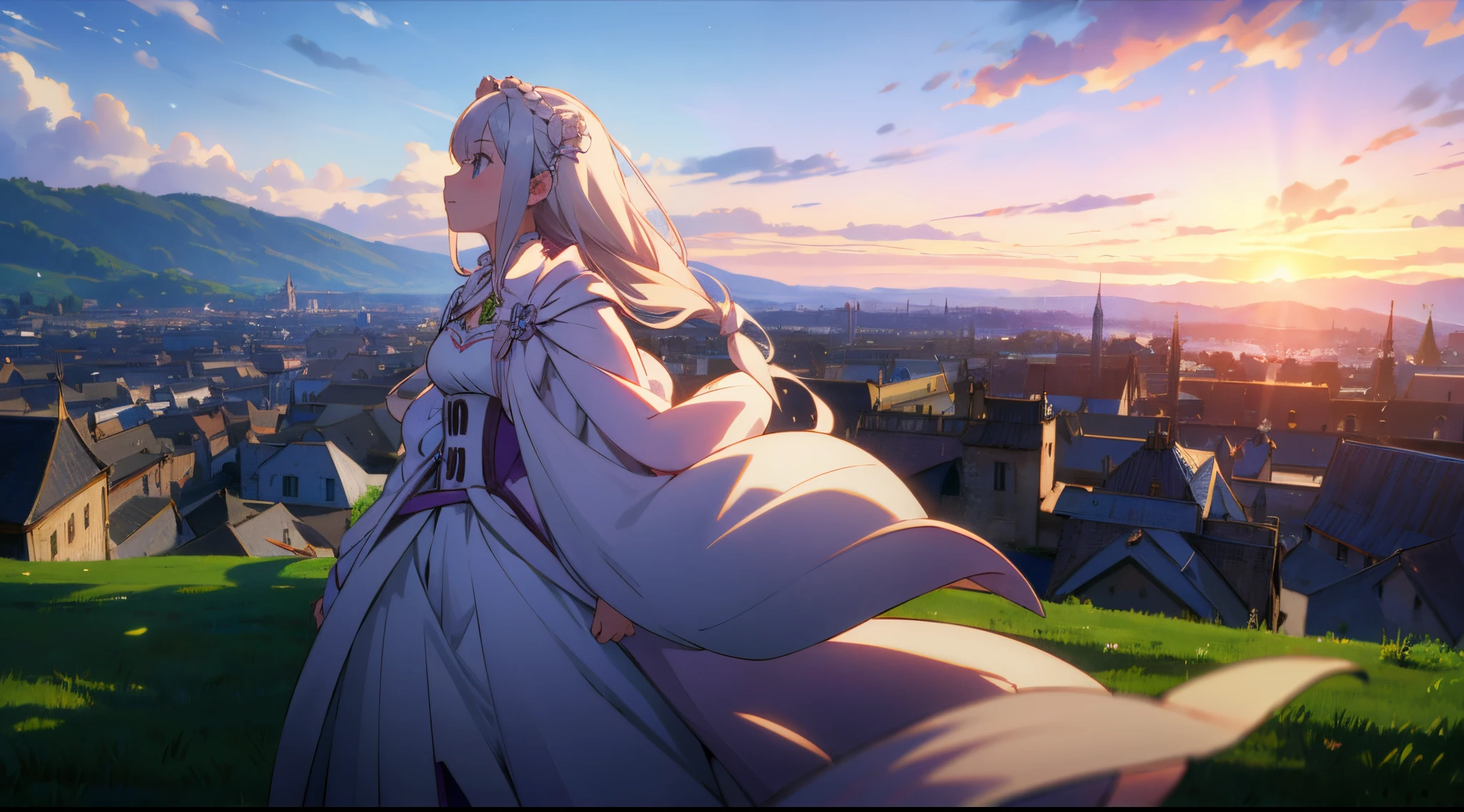 re:zero new season, medieval town, detailed, masterpiece, 8k, (emilia), (hair fluttering in the wind), gray hair, hair flower, beautiful, amazing
