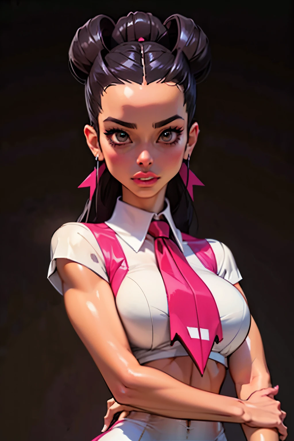 Masterpiece, portrait, Generate an illustration of a mature Roxanne, gym leader of pokemon , (lightgray dress), hd, holding a pokeball  all,  de terno preto, pink ascot,(( long black hair)), twin ponytail, ((detailed face)),shiny hair, (perky breasts:1.2), collared shirt under dress, outfit in anime format with a serious style, boots, make up, masterpiece, dark lighting, black background, ((puffy lips)),(slendered abs), beautiful face,