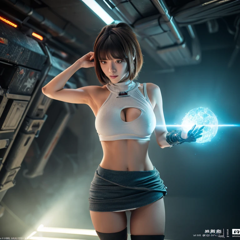 (Highest quality:1.3), (Top performance:1.2), (Best illustrations:1.2), (Comic book style:1.2), (Artistic Film Lighting:1.2) (1 person) Cyberpunk technology in futuristic electronic robe, Horror movie-like background of a futuristic cyberpunk city, ,(((Small areola))),(((Nipple details))),(((Nipples exposed through the gap in her clothes)))、Very cute smile、10age、