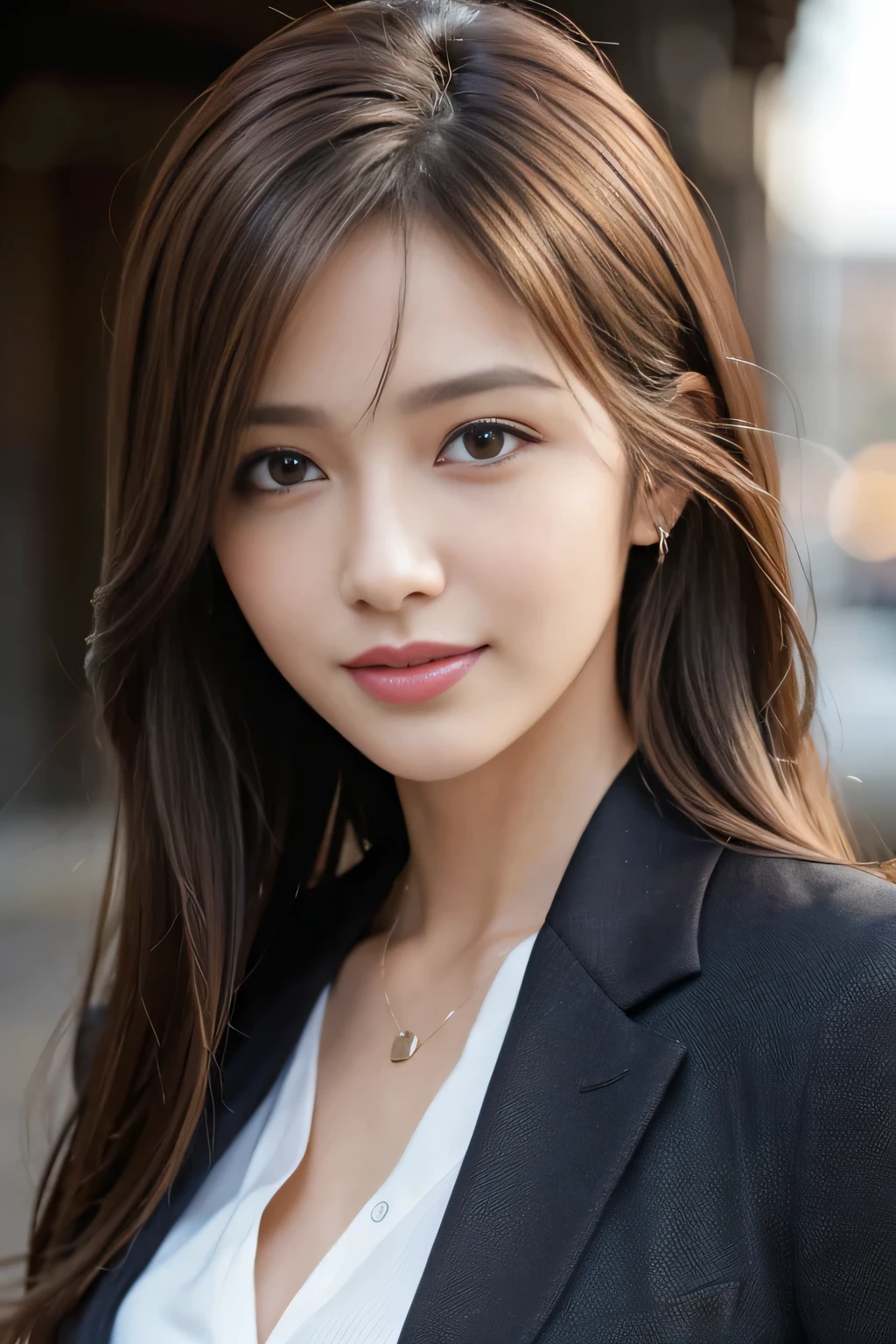 masutepiece, Best Quality, Photorealistic, Ultra-detailed, finely detail, High resolution, 8K Wallpaper, 1 beautiful woman,, light brown messy hair, in a business suit, foco nítido, Perfect dynamic composition, Beautiful detailed eyes, detailed hairs, Detailed realistic skin texture, Smiling, Close-up portrait, Model body type