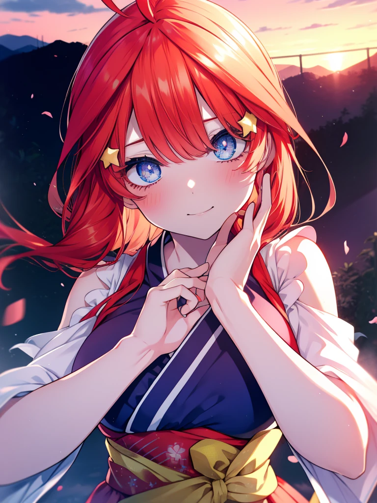 Satsuki Nakano, Itsuki Nakano, Bangs, Blue eyes, hair between eye, Ahoge, Red hair, Star \(symbol\), Hair Ornament, Star Hair Ornament,Her hair is tied back with a flower hairpin.，Red kimono，Furisode，long  skirt，Sandals，shrines，Sunrise， Smiling , blush
break (masutepiece:1.2), Best Quality, High resolution, Unity 8k壁纸, (Illustration:0.8), (Beautiful detailed eyes:1.6), extra detailed face, Perfect Lighting, extremely details CG, (Perfect hands, Perfect Anatomy),