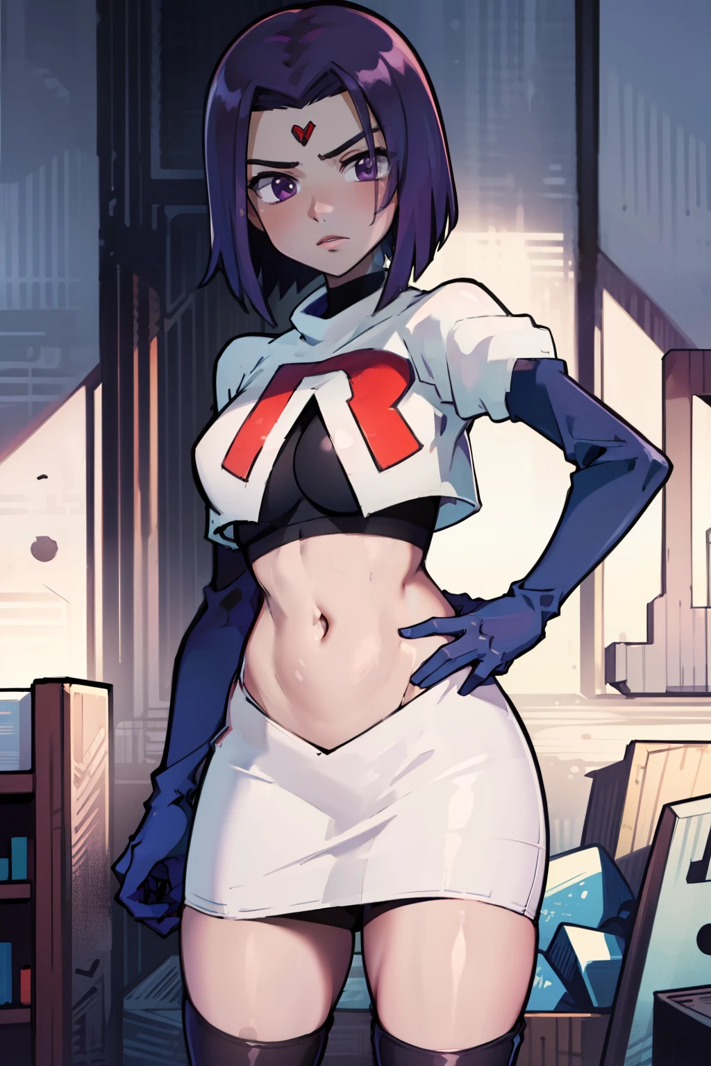 (masterpiece, best quality, ultra-detailed), RavenTT, short hair, purple eyes, (grey skin),team rocket,team rocket uniform, red letter R, white skirt,white crop top,black thigh-highs,black elbow gloves