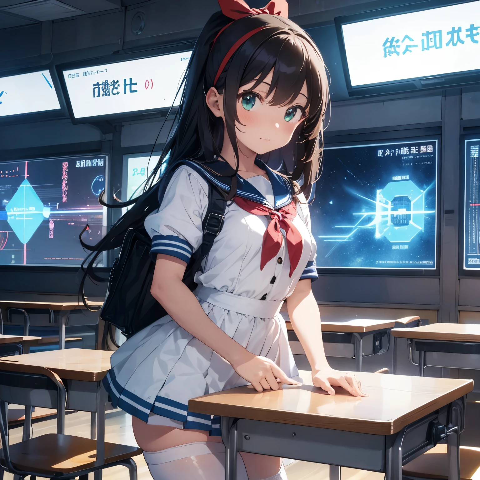 A cute 15 years old japaneese girl, drawn in anime style, futuristic, Y2K aesthetic, sci-fi, jade green eyes, long brown hair, ribbon headband, small breast, white and blue futuristic sailor lolita dress with puffy sleeves, red ribbon, navy blue pantyhose, school shoes, school bag, school crest, standing in high tech futuristic classroom with holographic displays, highly detailed, 4K.