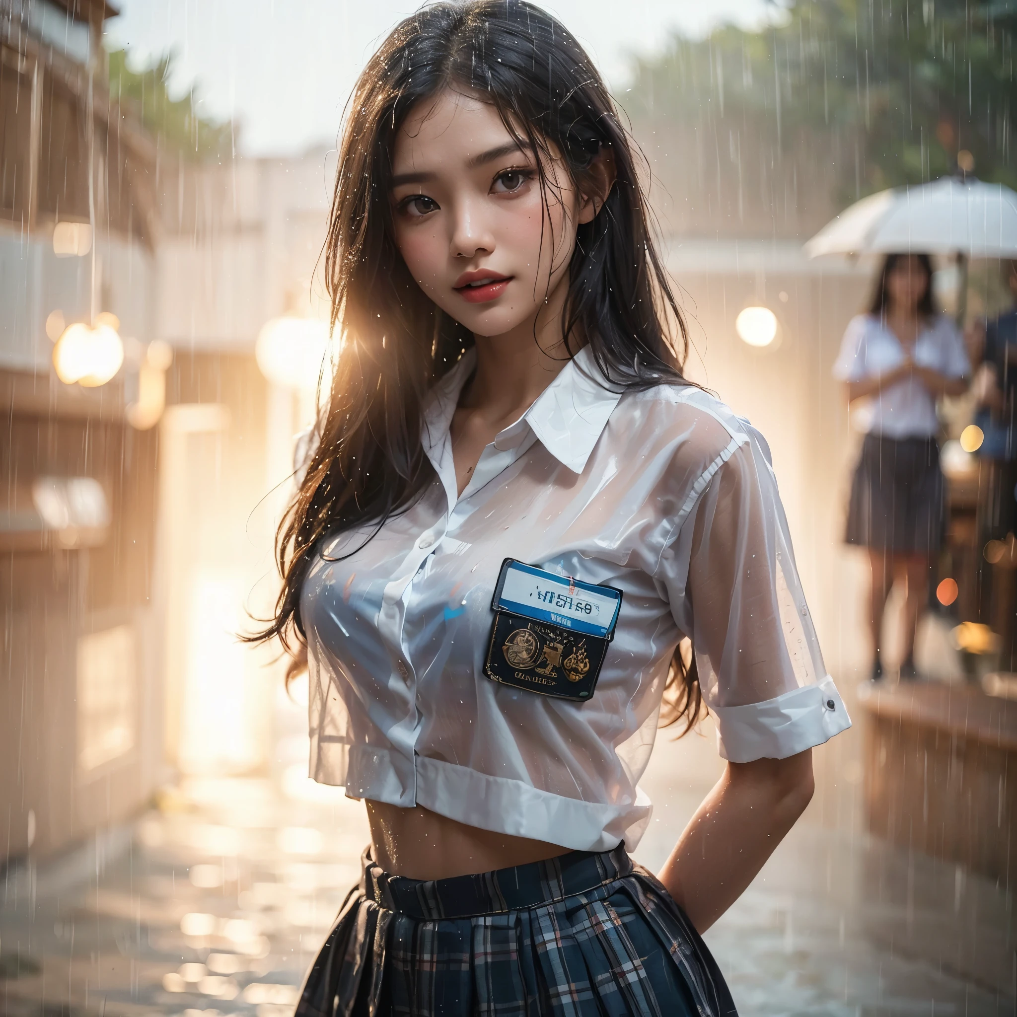 realistic art, there is a woman with large breast in a indonesian school uniform standing in the rain, wet used shirt with name tag Aidelia,detail bra under wet shirt,  pretty girl standing in the rain, after rain and no girls, raining, girl wearing uniform, in the rain, thai girl, raining award winning photo, school girl, just after rain, raining!, at evening during rain, wet from rain, rainy wet, raining portrait, beautiful and smiling, masterpiece, best quality:1.2),,(8k,highres,RAW photo,realistic,photo-realistic:1.3),(detailed skin texture,detailed cloth texture,beautiful detailed face:1.25),professional lighting,photon mapping,beautiful soft light,radiosity,physically-based rendering,raytracing, model shoot style, model shoot style, (extremely detailed CG unity 8k wallpaper), full shot body photo of the most beautiful artwork in the world, (((nsfw)))