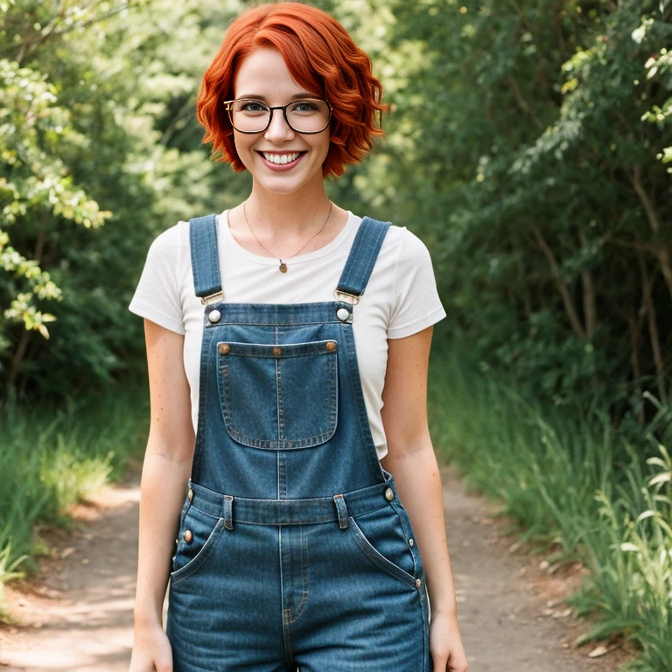 1 girl, short red hair, glasses, freckles, overalls,  smiling,