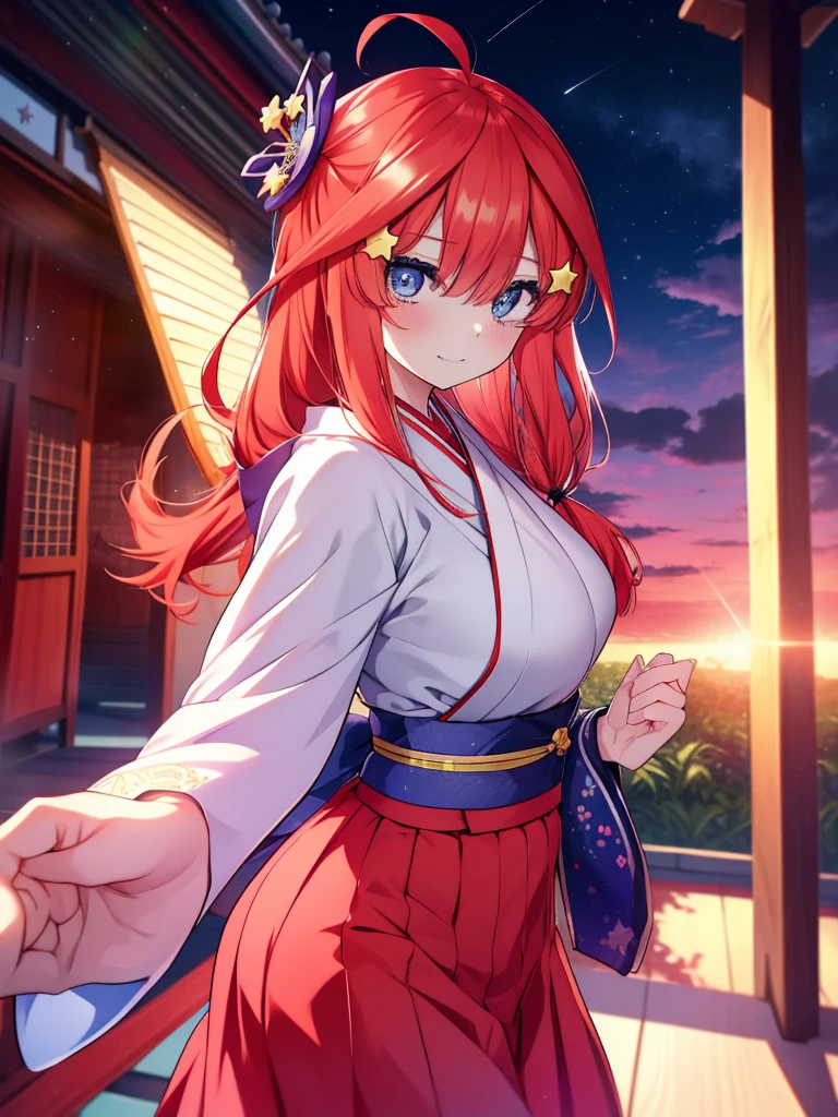 Satsuki Nakano, Itsuki Nakano, Bangs, Blue eyes, hair between eye, Ahoge, Red hair, Star \(symbol\), Hair Ornament, Star Hair Ornament,Her hair is tied back with a flower hairpin.,Red kimono,Furisode,long skirt,Sandals,shrines,Sunrise, Smiling , blush
break (masutepiece:1.2), Best Quality, High resolution, Unity 8k壁纸, (Illustration:0.8), (Beautiful detailed eyes:1.6), extra detailed face, Perfect Lighting, extremely details CG, (Perfect hands, Perfect Anatomy),