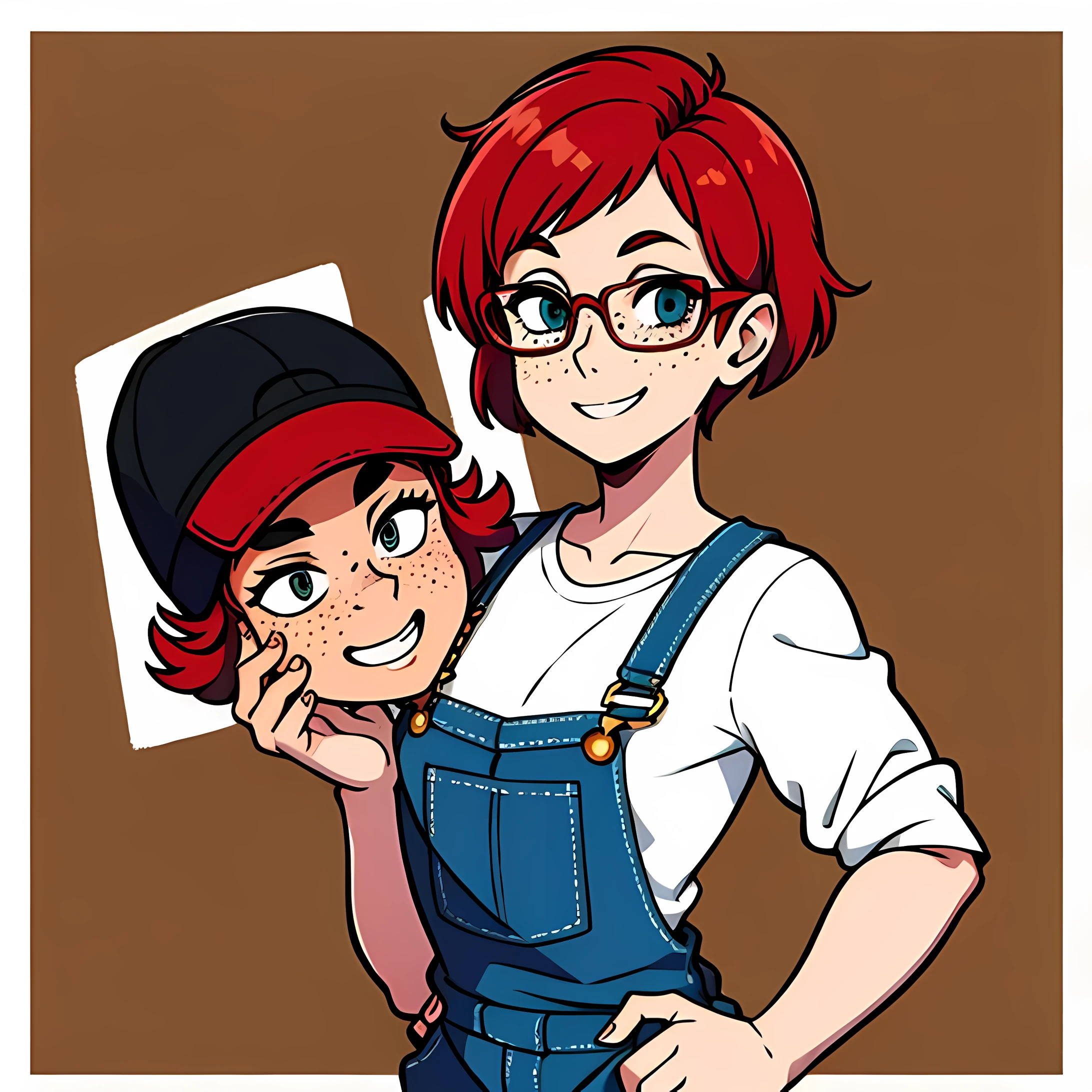 1 girl, short red hair, glasses, freckles, overalls, smiling,