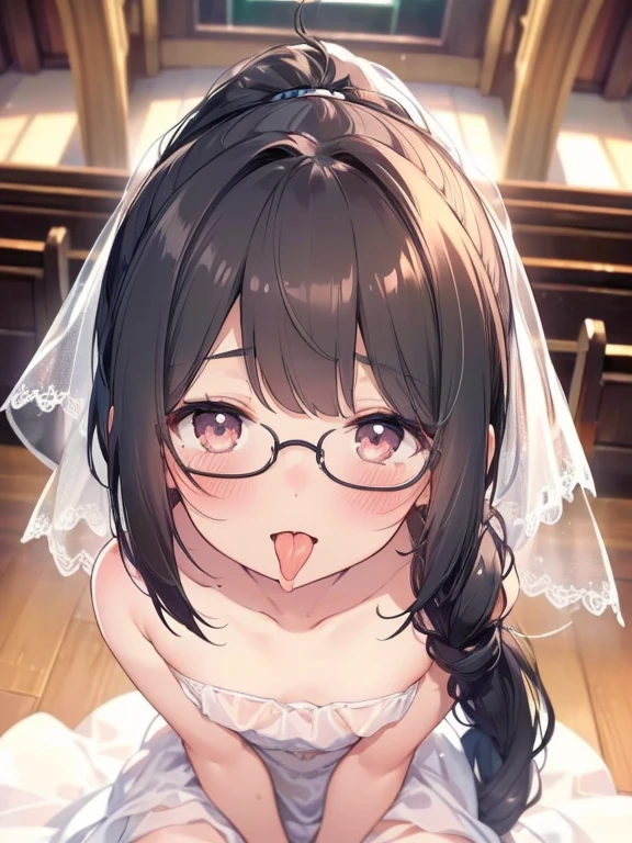 ultra-detailliert, Best Quality, hight resolution, moe-anime, ((A ite, black-haired girl with a big face and cute droopy eyes wears round glasses and is very cute.)), (((Beautiful girl with droopy eyes:1.2))), Pretty eyes, Detailed eye depiction, Eye sparkle, Looking at Viewer, pale skin, (((Petite))), (flat chest:1.4), (blush:1.2), (big eye:1.4), a smile, In a church, Focus on the face, long ponytail hair, sitting on, ((super close up of tongue)), (((from above))), open_mouth, (((face only:1.4))), ((naked)), nsfw, sheer white wedding dress, Veil on the head